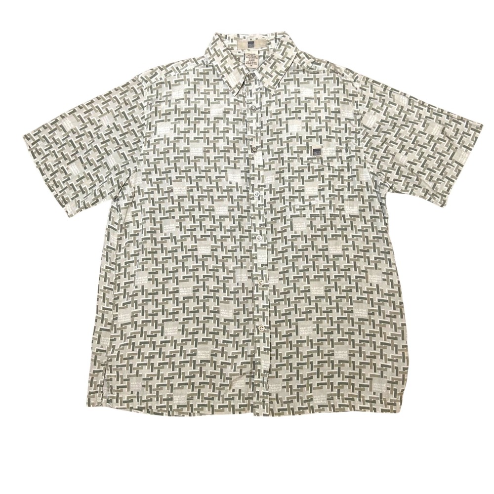 Marithe Francois Girbaud vtg Mens button Shirt gray Green Geometric Silk Blend M